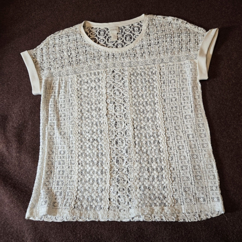 Chico's Size 1 (M) Ivory Lace Blouse Unlined Short Sleeved
